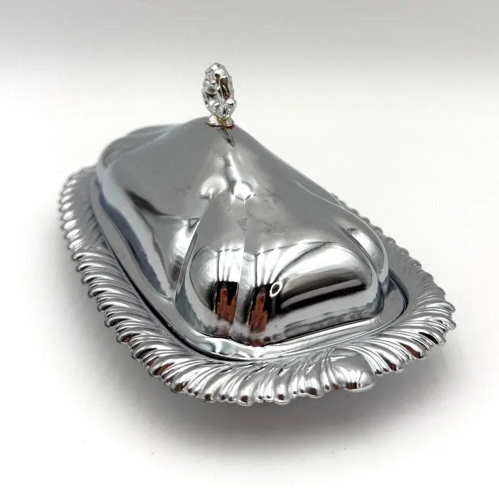 Vintage Silver Metal Butter Dish with Lid Glass Covered Butter Dish